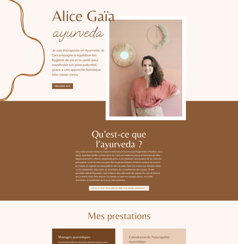 Aperçu de la page d'accueil conçu pour la création de site web éco-responsable de Alice Gaïa Ayurveda