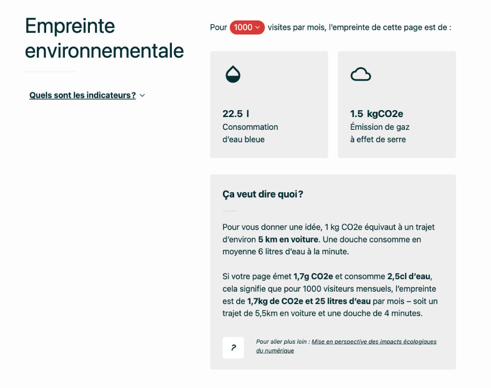 Exemple de l'empreinte environnementale calculée par ecoindex.fr
