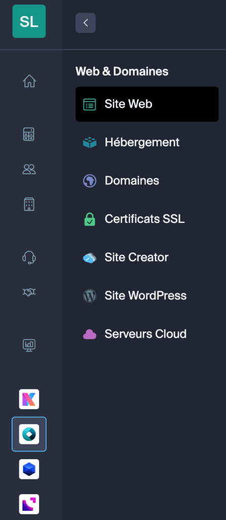 Aperçu du menu de l'hebergement web Infomaniak