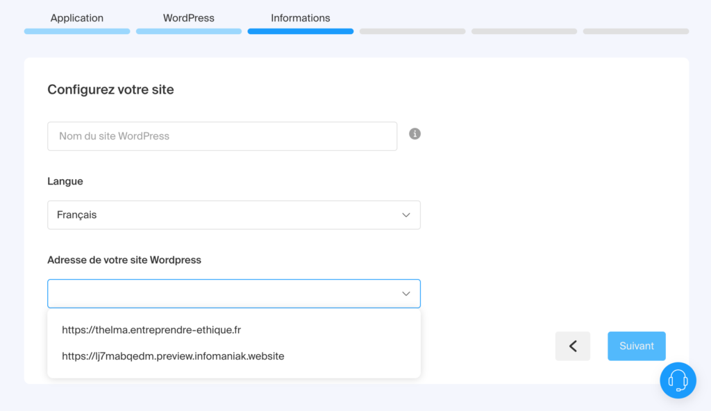 Aperçu de la configuration d'un site Worpdress via Infomaniak