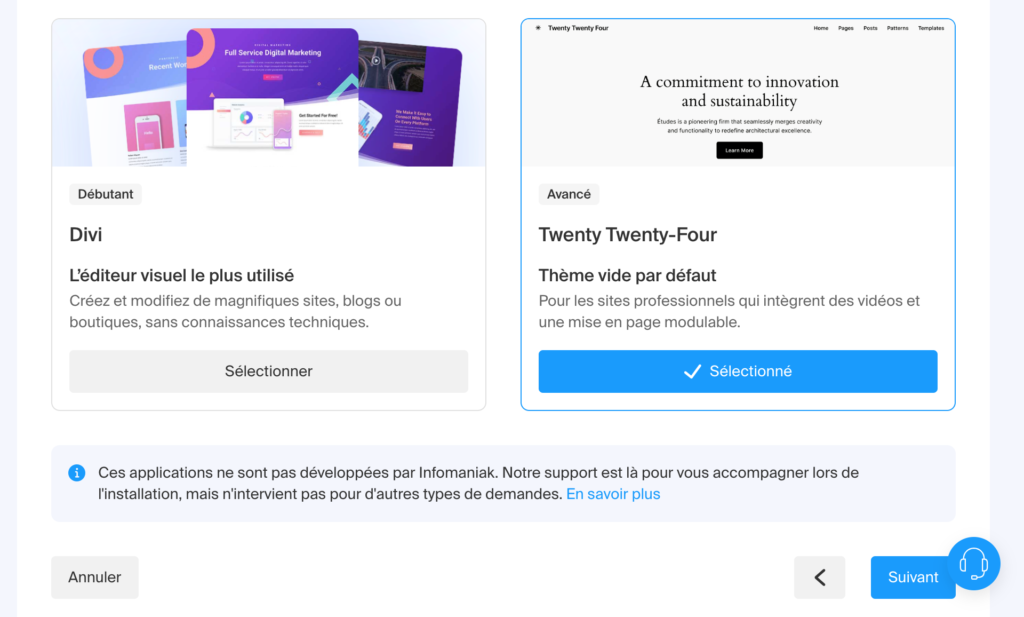 Aperçu du choix du thème Worpdress lors de l'installation via Infomaniak